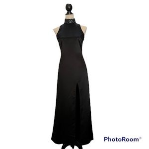 Women’s Sequin High Neck High Slit Satin Gown, Black, size 4